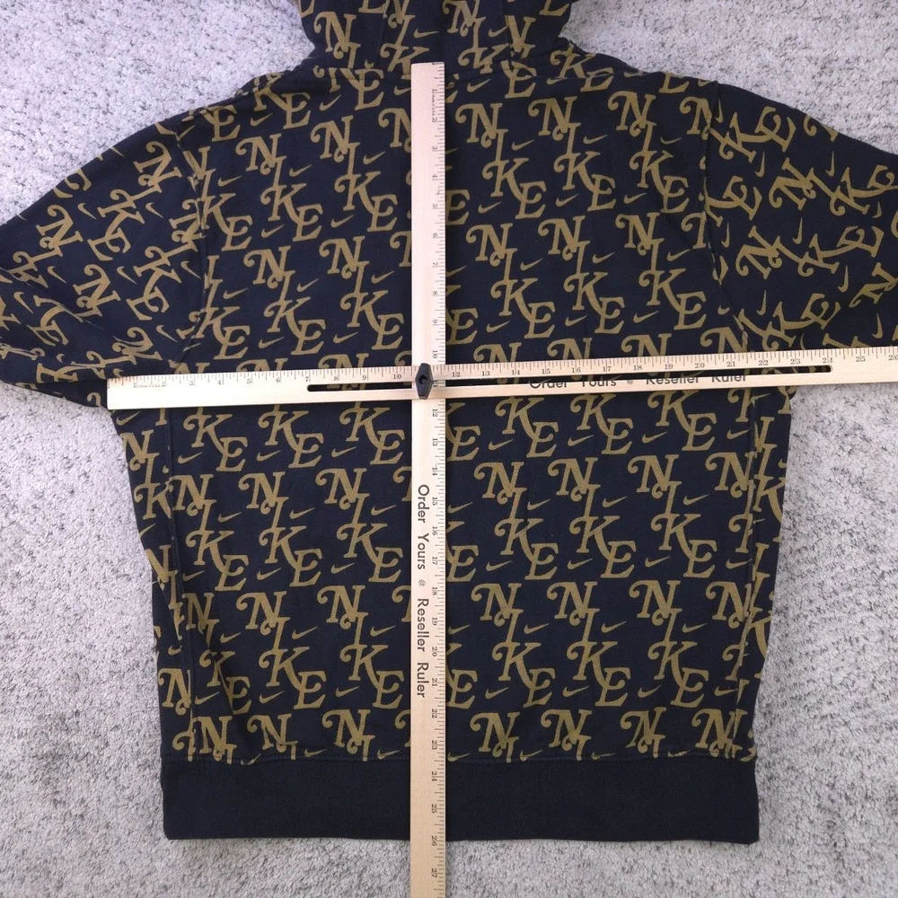 Nike Hoodie Mens Medium AOP Sweatshirt Fleece Sportswear Black Gold Monogram